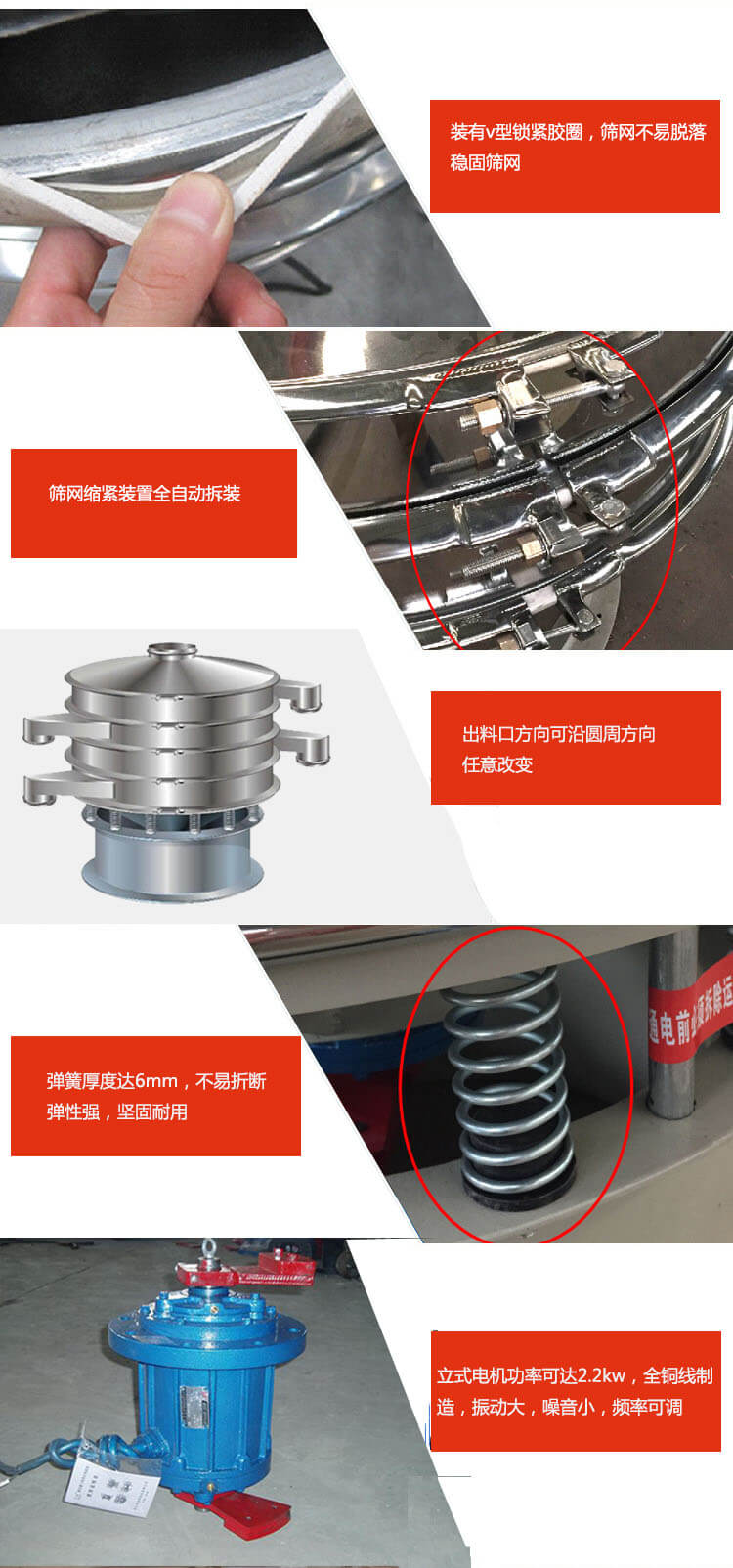 裝有V型鎖緊膠圈,使篩網不易脫落穩固篩網,篩網鎖緊裝置,全自動拆裝,出料口方向可沿圓周方向任意改變。彈簧厚度達6mm,不易折斷,彈性強,堅固耐用。專業的振動電機,全銅線制造,振動大,機械噪音小,頻率可調。產品對比:材質:大漢振動篩廠家采用304不銹鋼材質耐腐蝕性,耐熱性強。個別廠家采用其它金屬材質,耐腐蝕性,耐熱性差蒸發緩慢,烘干效率較低。大漢振動篩廠家采用金屬編織網,篩分精度高,效率高,篩網利用率高。