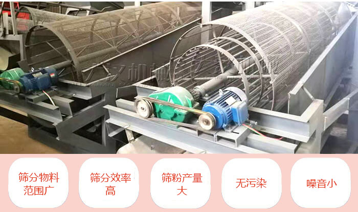 滾筒篩分機(jī)主要特點(diǎn)：篩分物料范圍廣，篩分效率高，篩分產(chǎn)量大，無污染，噪音小。