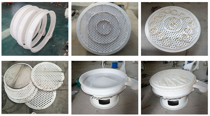 塑料防腐旋振篩配件:振動(dòng)篩底座,篩框,防塵蓋,篩網(wǎng),振動(dòng)電機(jī)座。