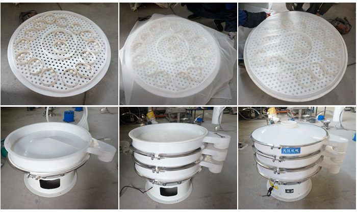 安裝塑料網架的空心U形網架,安裝清網裝置(擋球環和彈跳球),細網安裝到網架和清網裝置上面;安裝底框,將裝好的網架放到地框上再放一層篩框,安裝束環與防塵蓋,雙層塑料振動篩安裝完畢