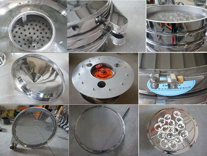 里外剖光振動篩細節：防塵蓋拋光效果，篩框拋光效果，振動篩底座拋光效果，振動篩網架拋光效果等。