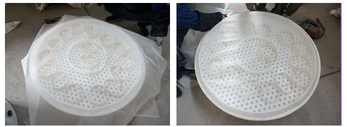 直徑1000型塑料振動篩換網第一步準備網架平鋪細網，固定細網剪去多余細網。