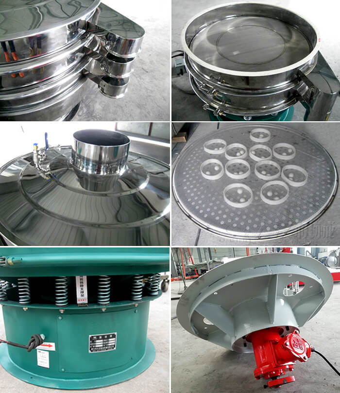 圓形旋振篩細節展示:出料口,篩網,進料口,網架,擋球環,振動彈簧,振動電機等。