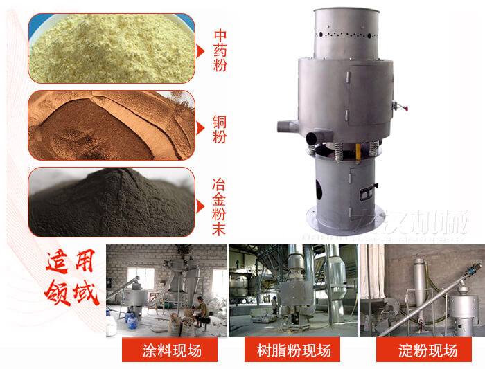 氣流篩分機主要適用物料有中藥粉，銅粉，冶金粉末等。