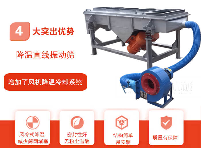 降溫直線振動篩性能特點:1,技術成熟,質量可靠,篩分精度高,處理量大。2,風冷式降溫系統設計,快速有效降溫。3,適用范圍廣,可應用于各種需要降溫的物料。4,設計精巧合理,結構簡單,易安裝,耗能少,噪音低5,篩網使用壽命長,換網更方便,快捷6,設備整體密封性好,無粉塵溢散。